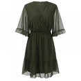 thumbnail image 1 of Women Mini Dress Elastic Waist Ruffles Party Dress Loose Fit Dot Print V Neck Short Sleeve Flowy Dress, 1 of 9