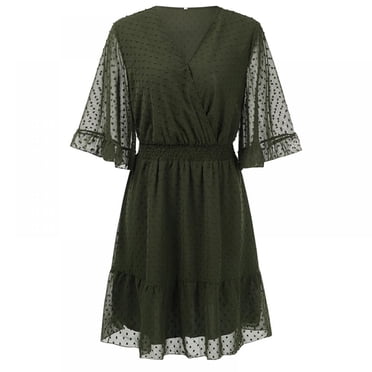 Robe Courte pour Femmes à Taille Élastique, Volants, Robe de Soirée Coupe Ample, Imprimé à Pois, Col en V, Manches Courtes, Robe Fluide