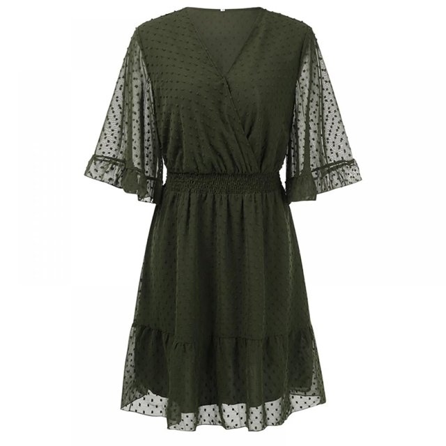 Women Mini Dress Elastic Waist Ruffles Party Dress Loose Fit Dot Print V Neck Short Sleeve Flowy Dress