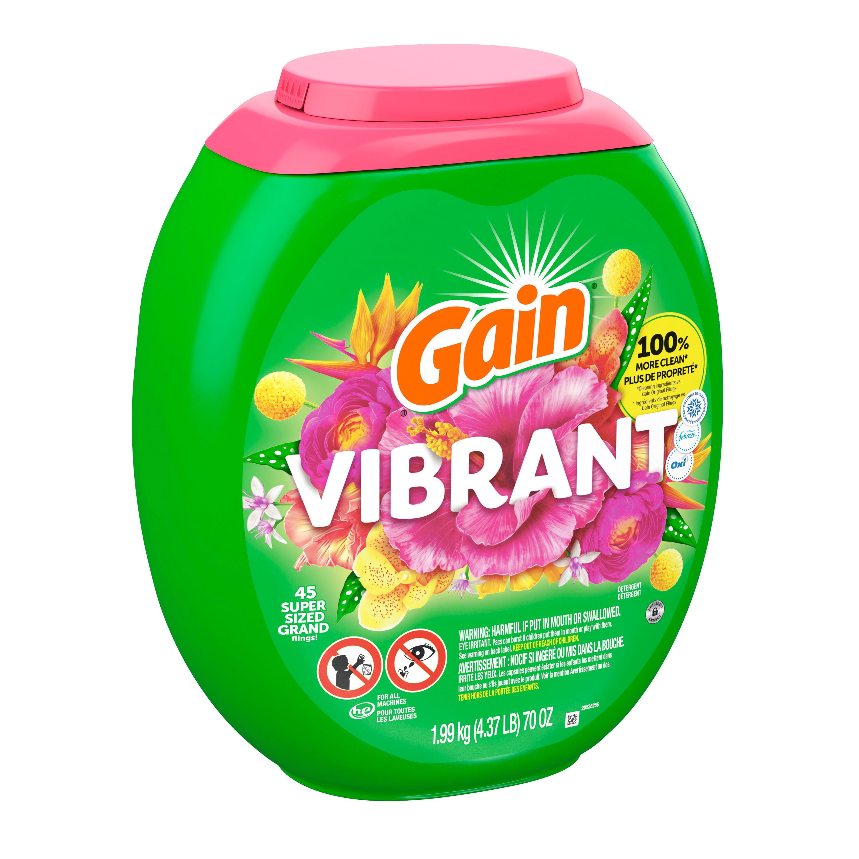 Gain Super Flings Laundry Detergent Pacs, Hibiscus Hula scent, irresistibly clean and fresh washing detergent laundry soap pacs, 45 Count