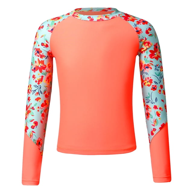 Riismen Kids Girls UPF 50+ Long Sleeve Swim Shirt Sun Protection Rash Guard Beach Tops Swimming Bathing Suits Orange 8