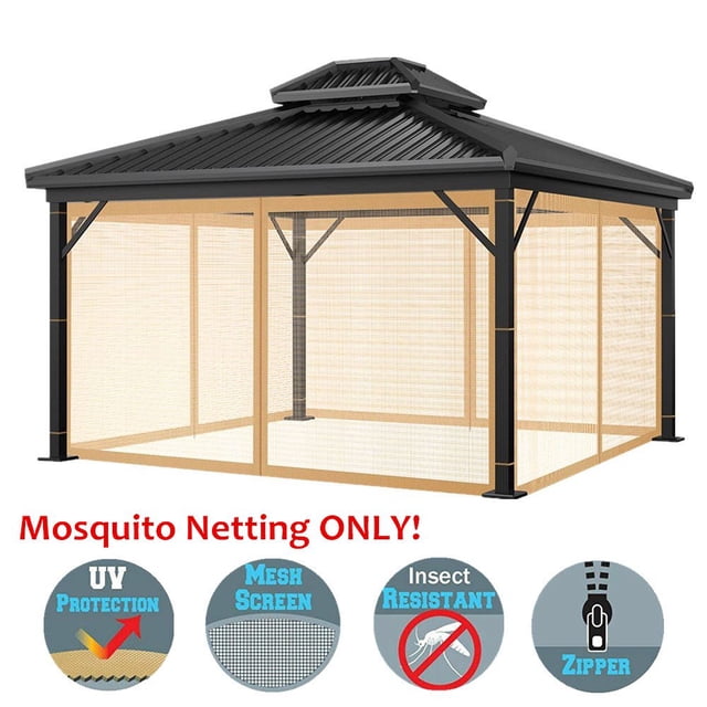 FNNMNNR Gazebo Universal Replacement Mosquito Netting for 10'x10' outdoor gazebos. Made of durable polyester mesh in light brown, featuring four-panel screen walls with double zippers for easy access. Includes hooks and tie ropes for secure installation. Compatible with various gazebo sizes, offering insect protection, ventilation, and privacy for summer outdoor events.