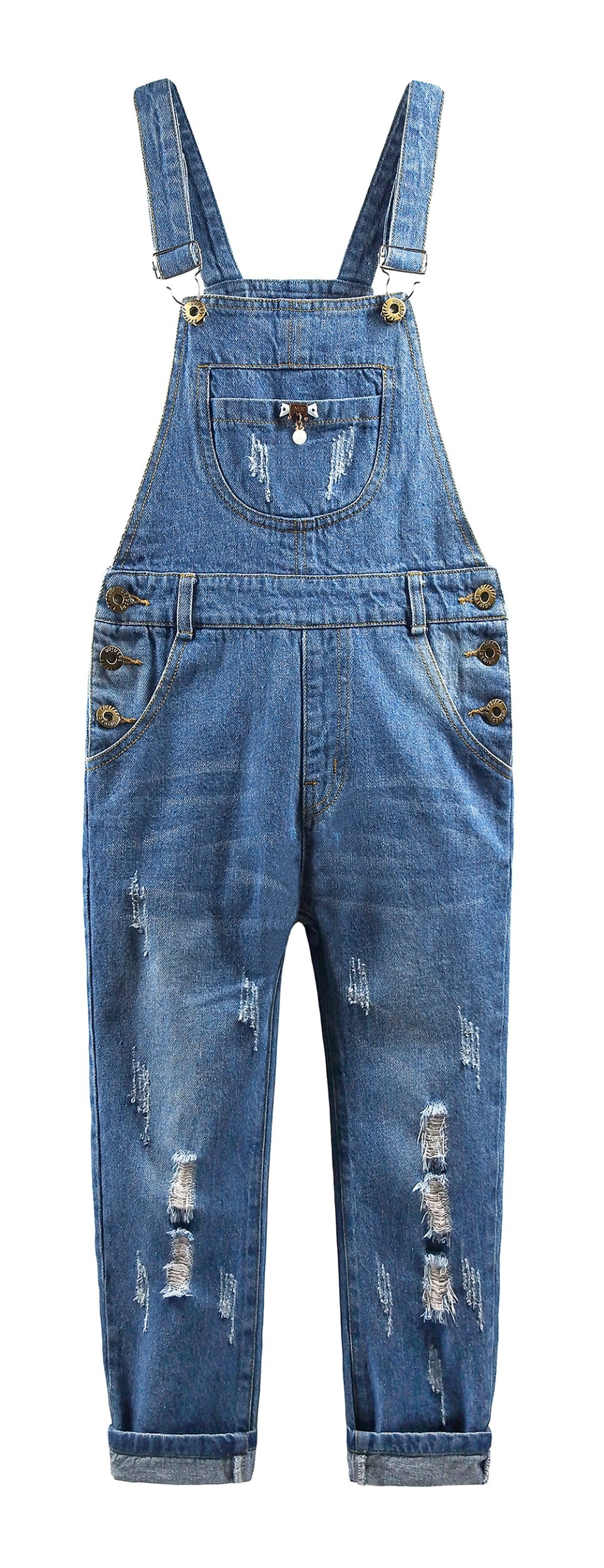 KIDSCOOL SPACE Girls Washed Distressed Denim Ripped Cotton Jean Overalls,9-10 Years