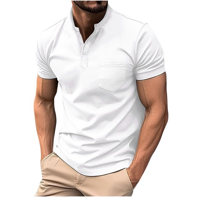 FAIWAD Mens Short Sleeve T-Shirts Round Neck Stretch Casual 3 Button Baisc Pullover Tops with Pocket