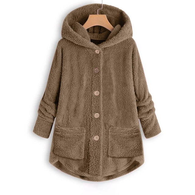 Qertyioot Women Plus Size Button Plush Tops Hooded Loose Cardigan Wool Coat Winter Jacket