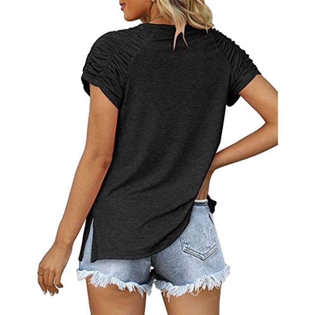 facefd Summer Pleated Short Sleeve Solid Color Splicing V Neck T-Shirt Casual Basic Tops Female Shirts Daily Tees for Black L
