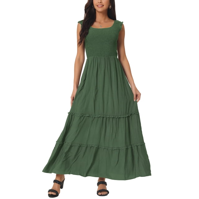 INSPIRE CHIC Robe d'Été Sans Manches pour Femme Col Rond Robe Maxi Décontractée avec Poches G Vert Armée