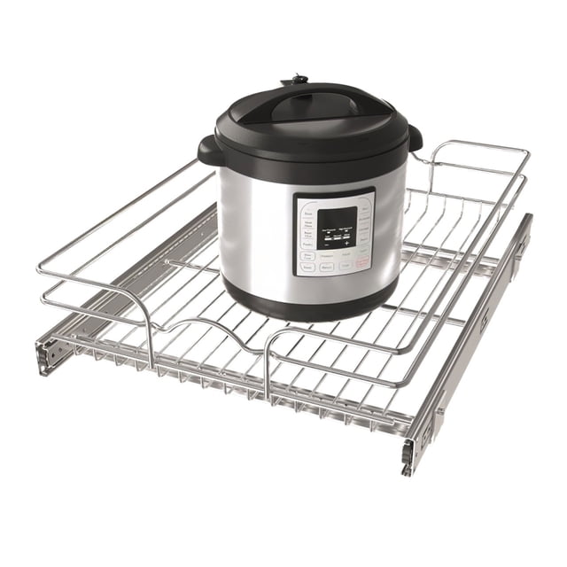 Rev-A-Shelf Kitchen Cabinet Pull Out Shelf Organizer, 18 x 22 inches, featuring a silver wire basket holding a stainless steel kitchen appliance. This kitchen organizer slides smoothly on ball-bearing tracks and fits 21-inch cabinets with 17.5-inch openings. Ideal for storing pots, pans, and kitchen accessories. Includes mounting hardware; optional door mount kit sold separately.