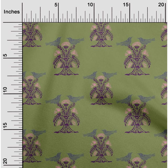 oneOone Cotton Cambric Fabric Bird & Tree Block Printed Craft Fabric BTY 56 Inch Wide