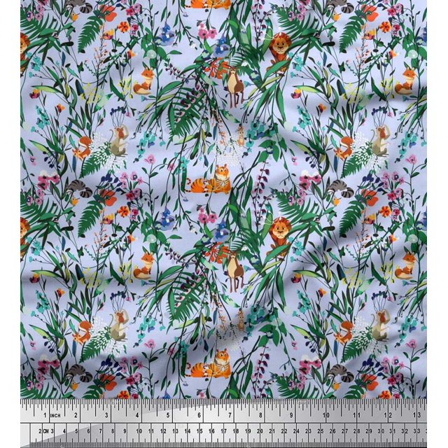 Soimoi Modal Satin Fabric Leaves & Cartoon Animals Jungle Print Fabric by The Yard 42 Inch Wide