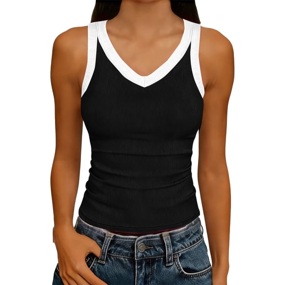 Sleeveless Tops for Women, V-Neck Knit Tank Top, Ribbed Casual Shirt, Lightweight for Home Leisure, Outdoor Wear, Daily Comfort