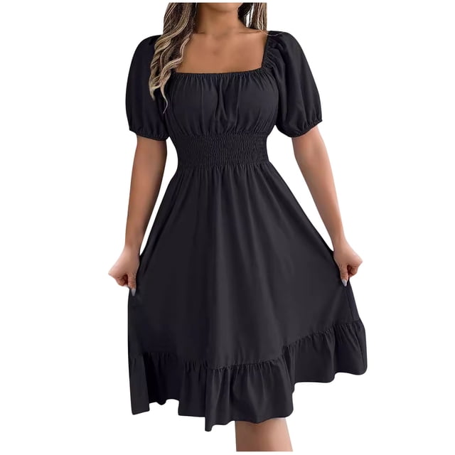HomeGardon Liquidation de Robes d'Été! Robes pour Femmes 2025, Robe d'Été Décontractée pour Femme à Manches Courtes, Taille Cintrée, Couleur Unie, P-TG