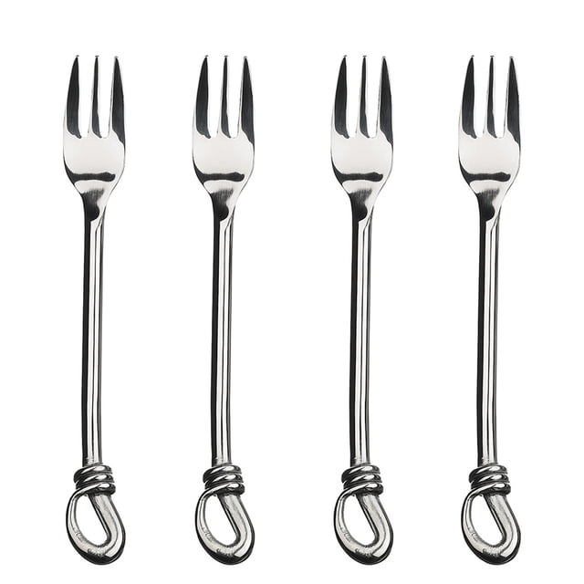 Twist Ensemble de 4 Pcs de Cocktails Fork par Gourmet Settings, Fabriqué en Acier Inoxydable de Qualité Supérieure avec une Finition Miroir Polie. l'Ensemble Comprend Quatre Fourchettes à Cocktail, Chacune avec Poignée Torsadée pour un Style Moderne et Élégant. Parfait pour les collections de Coutellerie, Ces Fourchettes Allent au Lave-Vaisselle et Conviennent aux Brunchs Décontractés Ou aux Soupers Formels.