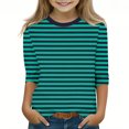 thumbnail image 2 of MeetoTime Filles Enfants T-shirt à Manches 3/4 Col Ras du Cou Rayé Imprimé d'Été Décontracté Vêtements pour Enfants 3-12 Ans, 2 of 5