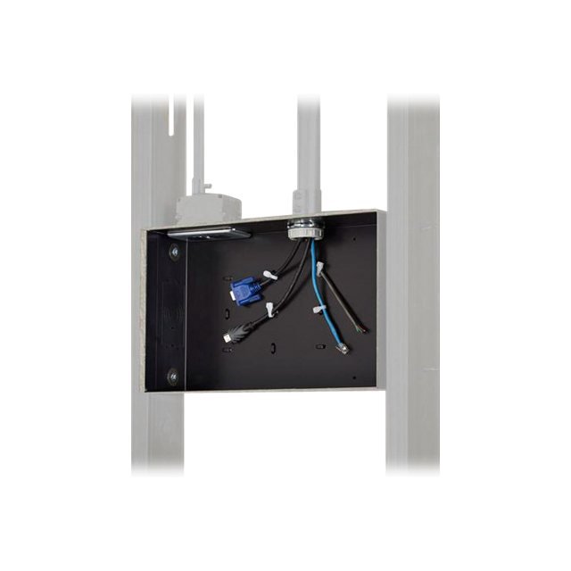 Chief Boîte de Rangement Murale Proximity en Noir, Conçue pour la Compatibilité avec les Supports Muraux Thinstall et Fusion. l'Enceinte Est Montrée Montée dans le Mur avec des Câbles Visibles Acheminés à l'Intérieur, avec knockouts pour Prises de gang Simples et conduit, Ainsi Que des points d'Ancrage à Fermeture Éclair Intégrés pour la Gestion des Câbles.