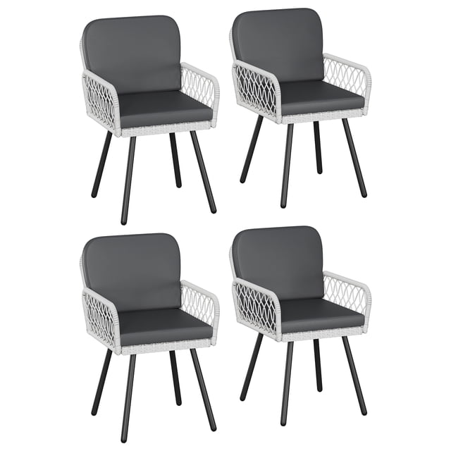 Comfortable Stackable Outdoor Patio Dining Chairs Set of 4 – Armchairs with Cushions – Black Metal Frame & Neutral Shade Inspired Style Hand-Woven Rope Rattan