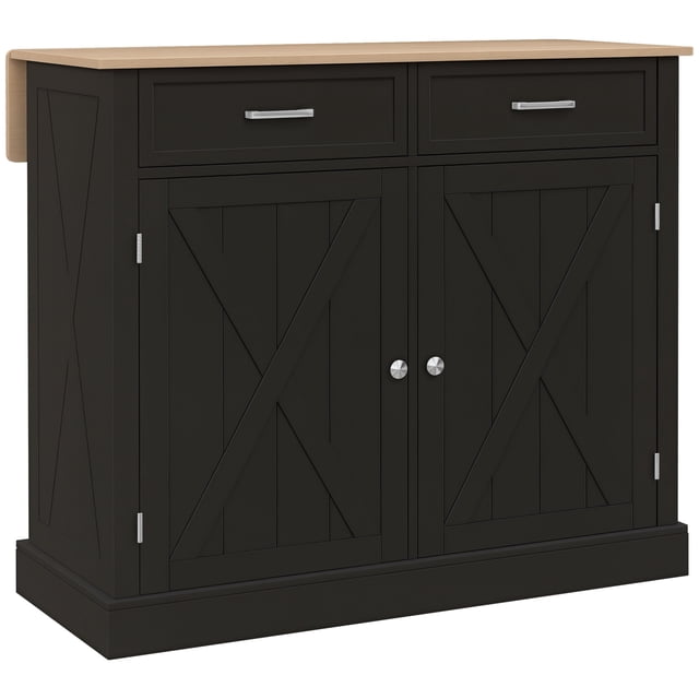 HOMCOM Kitchen Island with Drop Leaf Kitchen Cart with Storage in black. Features a rubberwood top with a drop leaf design, two drawers, and two door cabinets with adjustable shelves. The farmhouse-style beadboard paneling complements various kitchen décors. Equipped with four smooth-rolling casters, including two with locking brakes, for mobility. Dimensions: 41.3 inches wide, 23.6 inches deep, and 35.6 inches high.