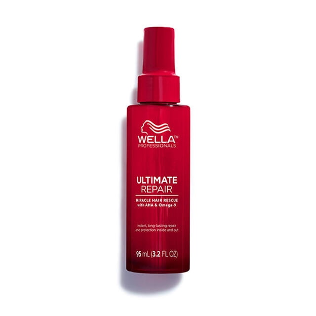 Wella Ultimate Repair Rescue Miracle Booster 95ml front-facing slim spray bottle with white label and visible 95 ml marking; leave-on hair repair spray with AHA and Omega-9 for detangling wet hair and rapid 90-second repair; suitable for travel-size repair boosts.