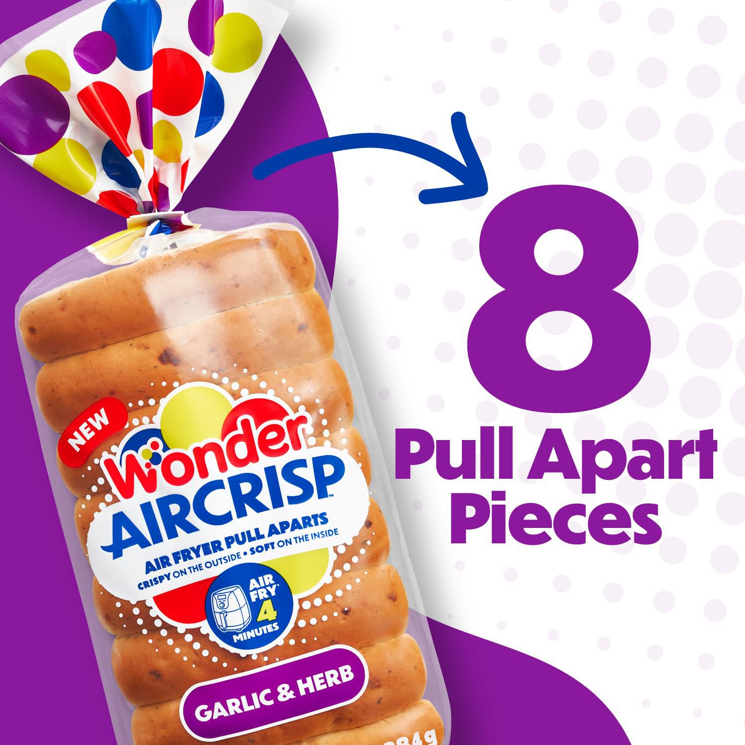 Wonder AirCrisp™ Air Fryer Pull Aparts - Garlic & Herb Flavour, No Artificial Flavours or Colours, Baked in Canada, 8 pull apart pieces, 384g