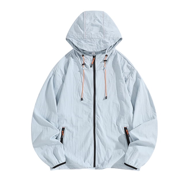 Maqroz Veste de Soleil pour Homme UPF 50++ à Capuche à Fermeture Éclair Intégrale Protection UV SPF Rafraîchissante Légère avec Poches Été Ajustable Séchage Rapide Veste de Sport de Piste Randonnée Pêche Plein Air Bleu Ciel TG