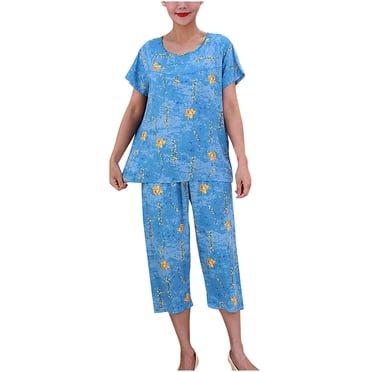 Pisexur Womens Pajama Sets 2 Piece Floral Print Cotton Nightgowns for Women Casual Round Neck Short Sleeve T-Shirts Tops and Knee Length Lounge Pants Plus Size Pajamas for Women Set XL-4XL
