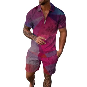 Ketyyh-chn99 Survêtements pour Hommes Été Maillot de Bain Sport Ensemble Chemise pour Homme Décontracté Chemise à Boutons Manches Courtes Shorts Été Tenue de Plage Rose Vif,m