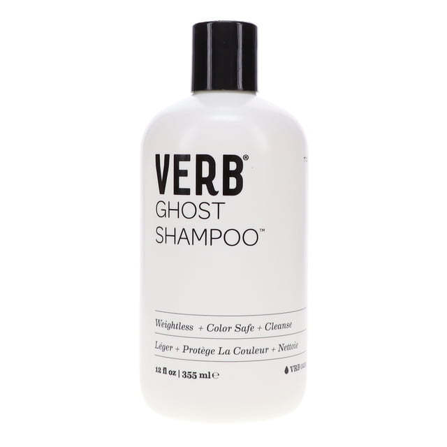 Verb Ghost Shampoo 12 oz bottle with a sleek white design and black cap. The label highlights features such as weightless formula, color-safe properties, and gentle cleansing. Infused with moringa oil to add shine and reduce frizz, this travel-size shampoo is suitable for all hair types.