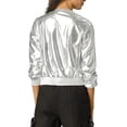thumbnail image 3 of INSPIRE CHIC Women's Costume Stand Collar Metallic Zip Crop Length Bomber Jacket, 3 of 6