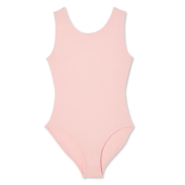 George Girls' Leotard in light pink with a scoop neckline and thick tank straps, made from soft, stretch-fit jersey knit fabric featuring elasticized leg holes and a lined gusset for comfort and mobility, ideal for girls' dancewear or activewear base layer.