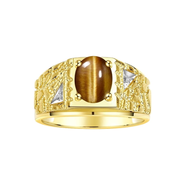 RYLOS Men's Rings Yellow Gold Plated Silver Designer Nugget Ring Oval 9X7MM Gemstone & Diamonds Tiger Eye Birthstone Rings For Man Size 10