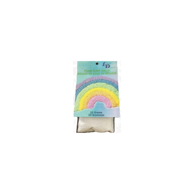 Lerman Decor's foam slime balls in a clear bag with a blue label featuring a rainbow and bilingual text, containing 10 grams of small white foam balls suitable for kids' crafts, school projects, and DIY slime making.