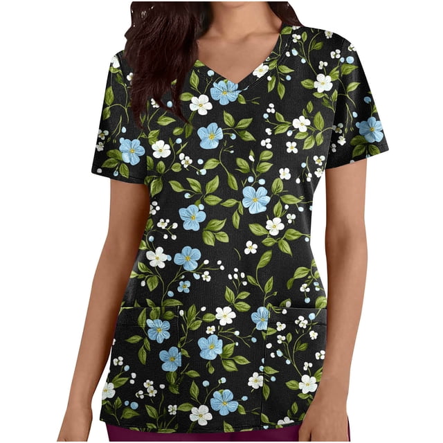 Pisexur Womens Scrub Tops Boasting Colorful Floral Prints Along With Short Sleeve Scrub Tops Suitable for Nursing Uniforms With Convenient Pockets