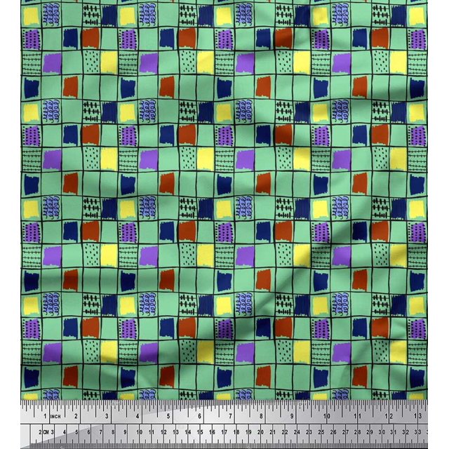Soimoi Polyester Crepe Fabric Check & Brush Stroke Abstract Print Fabric by The Yard 42 Inch Wide