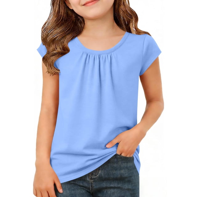 EGNMCR Children's Spring And Summer Solid Color Short Sleeves Round Neck Pleated T-shirt Top For Kids Children polyester top