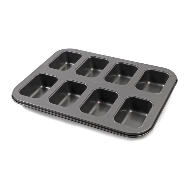 Pillsbury 8 cup mini loaf pan in grey, made of durable 0.4mm high carbon steel with Whitford quick release nonstick coating, featuring eight rectangular cavities for baking mini loaves or brownies, shown at a slight angle on a white background.
