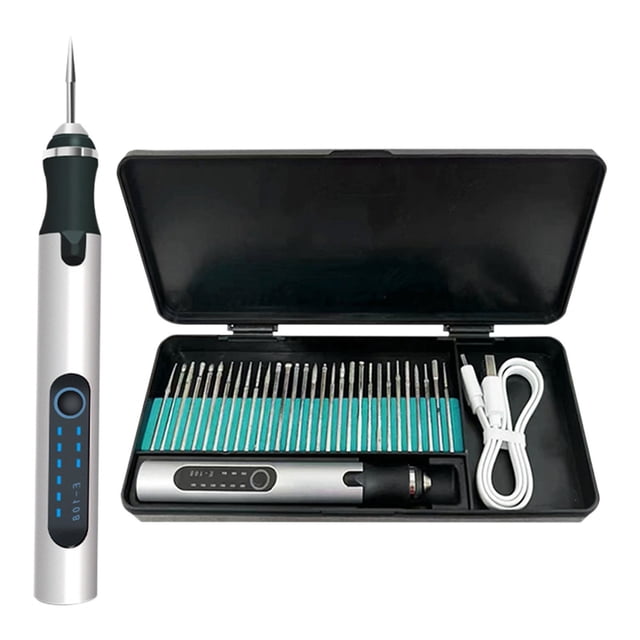 COM1950s Engraving Pen, a portable DIY crafting tool for adult beginners, featuring a silver and black design. Includes a black storage case with 30 bits, a USB charging cable, and accessories. Ideal for engraving on wood, metal, glass, ceramic, and other surfaces, perfect for wood crafting and engraving supplies.