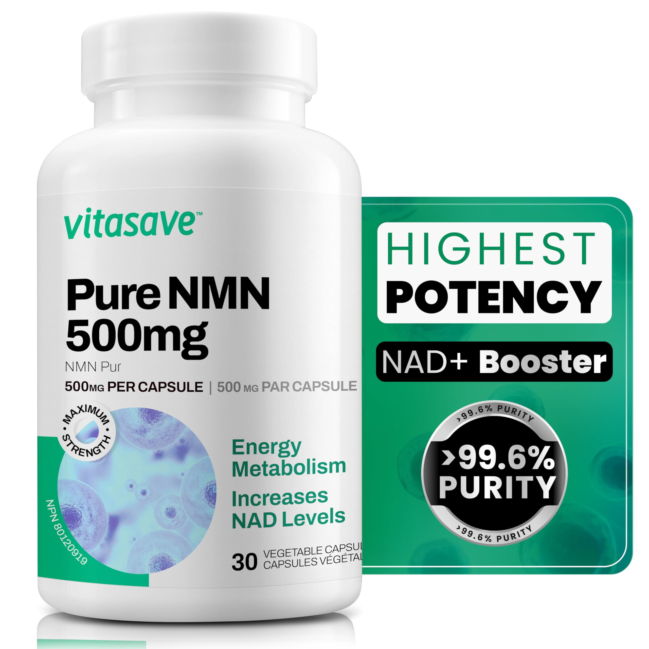 Vitasave NMN Capsules 500mg - Highest Potency Available - Premium Supplement - Cellular Health - Boost NAD+, Supports Longevity - 100% Pure - Fast Absorption - 30ct