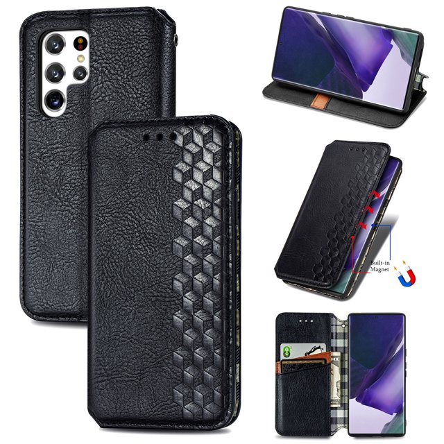 Case for Samsung Galaxy S22 Ultra 5G Cover Magnetic Protective Wallet Flip Case in black leather with a textured geometric pattern. Features include multiple cash and card slots, a kickstand function for horizontal viewing, and a secure magnetic closure. Precision cutouts provide access to the camera, ports, and buttons. Compatible exclusively with the Samsung Galaxy S22 Ultra 5G.