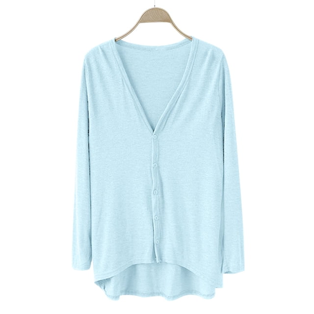 Breezora Ladies V Neck Modal Asymmetrical Long Sleeve Open Front Cardigan Sweater Light Blue