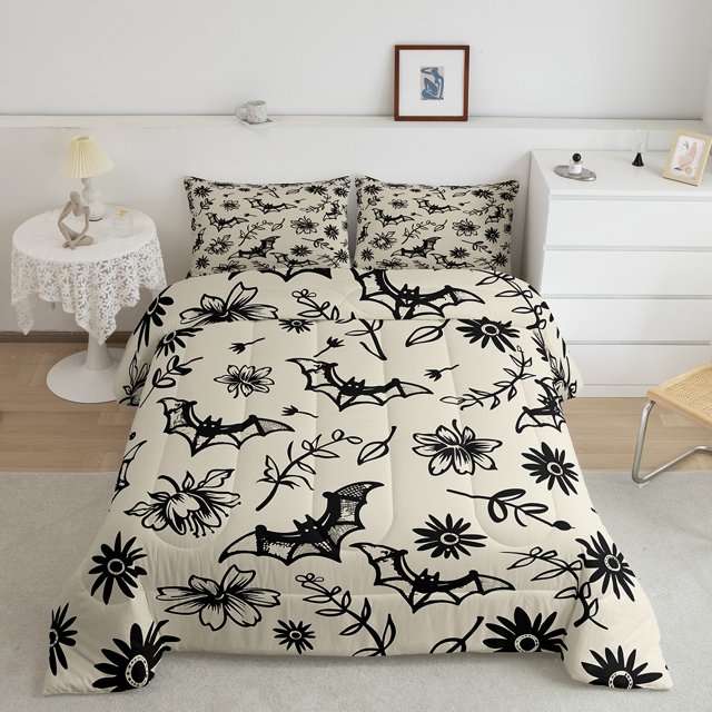 Erosebridal Cartoon Bat Bedding Full Comforter Set, Halloween Down Comforter, Boho Botanical Decor, Ultra Soft 3 Pieces