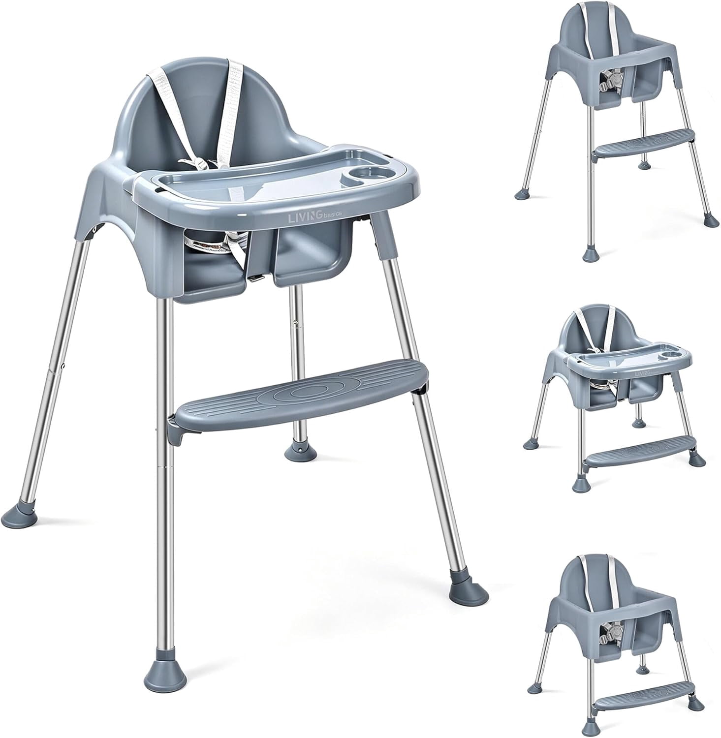 4-in-1 Convertible Baby High Chair, Toddler Chair Child's Dining Chair with Adjustable Dual Tray and &Non-Slip Foodpad, 5-Point Safety Belt