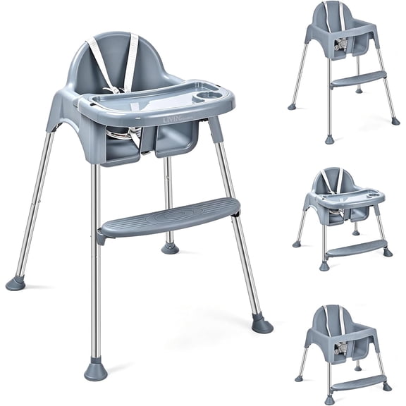 Chaise Haute pour Bébé 4-en-1 Convertible, Chaise pour Tout-Petit Chaise de Repas pour Enfant avec Plateau Double Ajustable et Coussinet Alimentaire Antidérapant, Ceinture de Sécurité à 5 Points