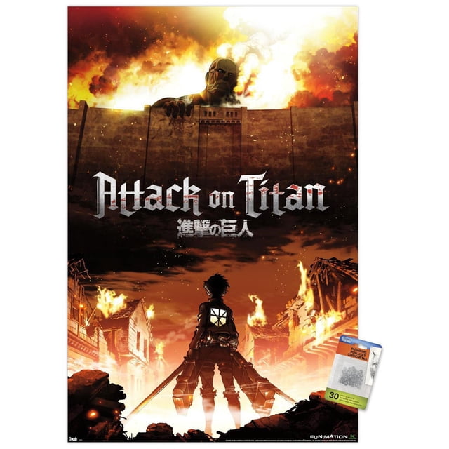 Attack on Titan - Fire Wall Poster, 22.375" x 34" showing a colossal Titan peering over a stone wall with flames and smoke in the background. A soldier with dual swords stands facing a burning village street. Suitable for anime room décor or dorm walls.
