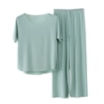 thumbnail image 3 of Sentmoon 2 Pcs Pyjama Robe de Nuit Manches Courtes Ample Extensible Couleur Unie Ensemble de Détente pour Femmes Été Mode pour Sorties Café Vert G, 3 of 8