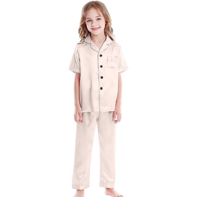 TBWNWG Satin Sleepwear Set For Kids Comfortable Two Piece Pajamas With Classic Button Down Design,Size 6-7 Years