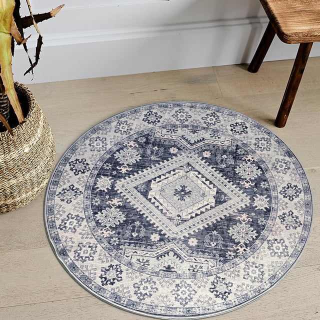 JV Home Tapis Rond Napoli Gris 4 Pi Lavable Antidérapant