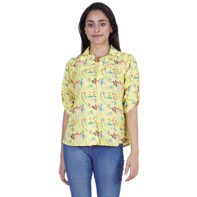 Moomaya Womens Printed Top Roll-Up Sleeve Collar Neck Button-Down Shirt