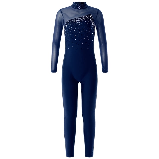 Choomomo Combinaison de Danse Ballet à Manches Longues avec Strass pour Filles, Bleu Marine 10