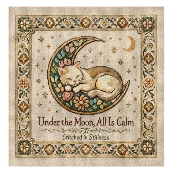 Moonlit Cat – Floral Moon Needlepoint Kit for DIY Embroidery 10x10 Suitable for Beginners and Experts Cat Lover Home Décor