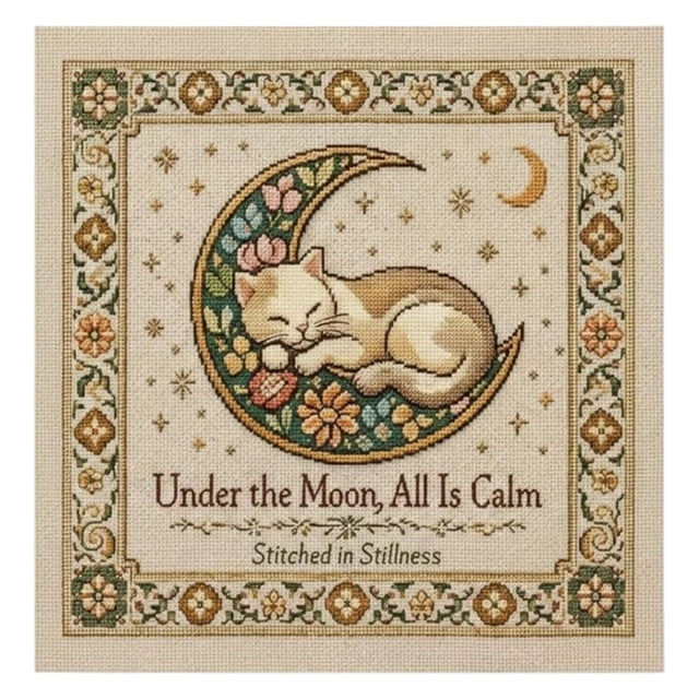 Moonlit Cat Floral Celestial Needlepoint Embroidery Kit DIY 10x10 Inch Art For Beginners And Expert